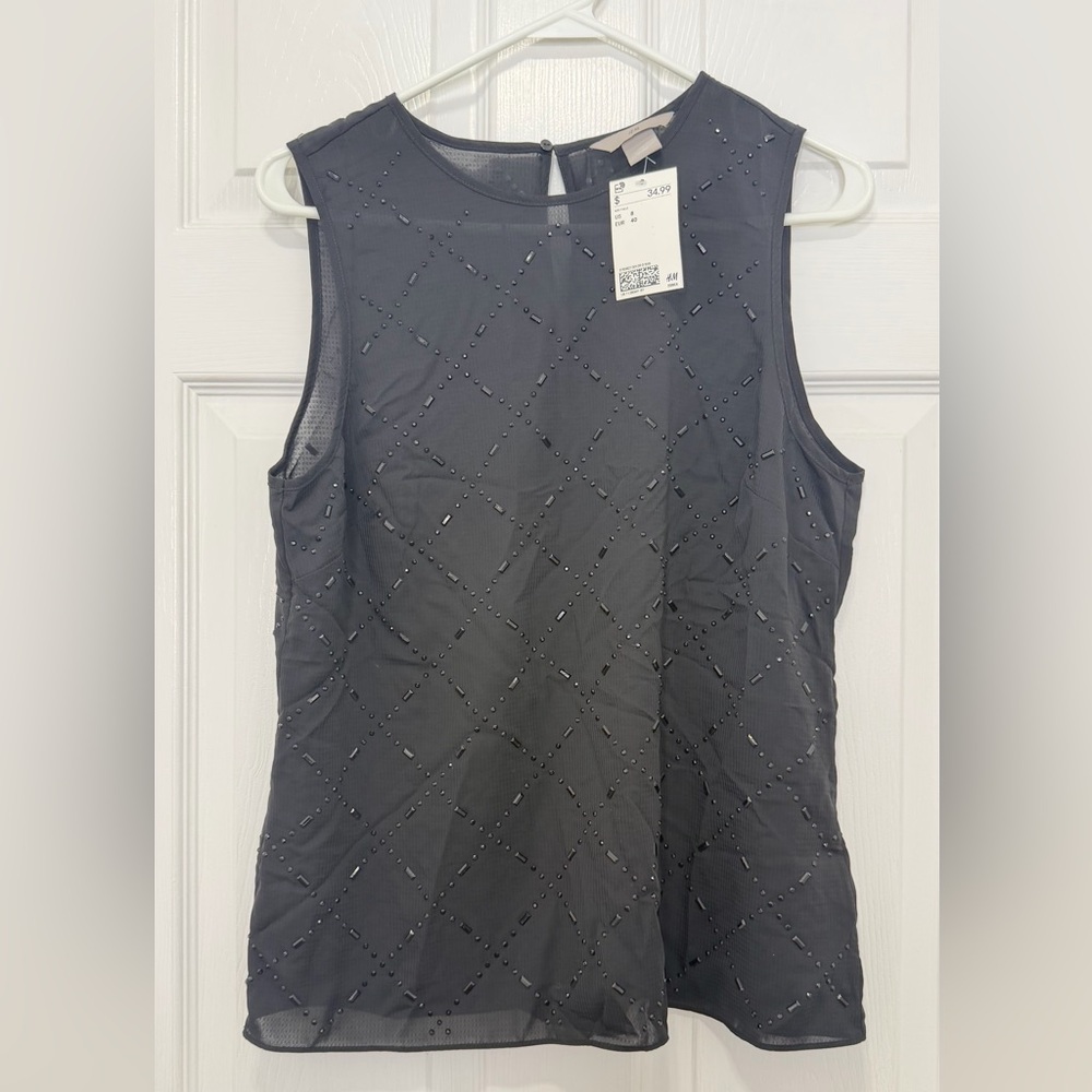 NEW H&M Black Top with Bead Accents Size 8